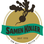Logo de Samen Köller : un navet stylisé en noir, sur fond doré, avec une inscription en vert et le slogan : "depuis 1773 au Rettig noir".
