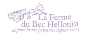 Ferme du Bec Hellouin logo: stylized farm scene with a magnificent copper tool, purple lettering on a white background.